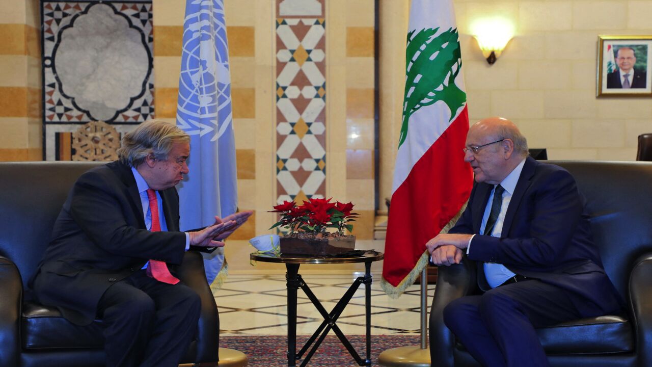 Lebanese photo agency Dalati and Nohra shows Lebanese PM Najib Mikati (R) meeting with UN Secretary-General Antonio Guterres (L) in Beirut on Dec. 20, 2021. 