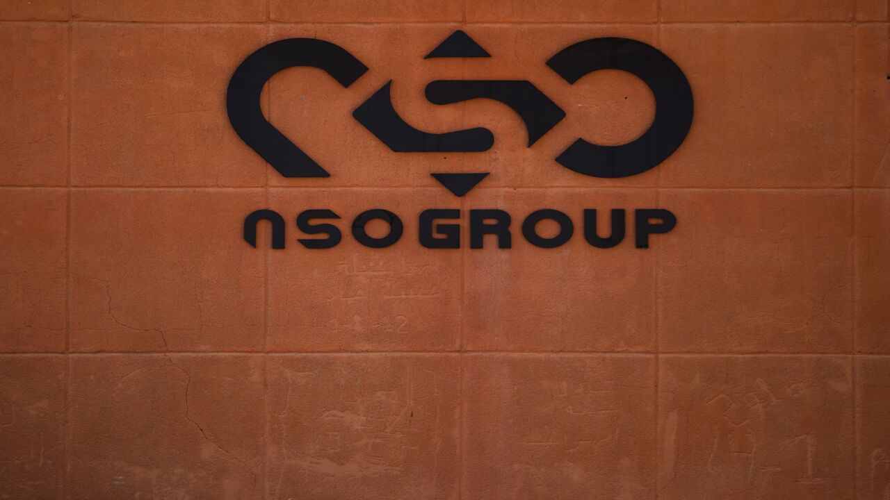 The logo of Israeli cyber company NSO Group is seen in the Arava Desert on Nov. 11, 2021, in Sapir, Israel. 