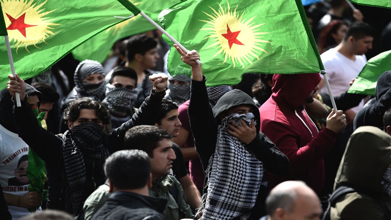 Members of the PKK are pictured during a peaceful protest against ongoing attacks against Yazidis in northern Iraq, on Aug. 16, 2014, in Hanover, Germany. 