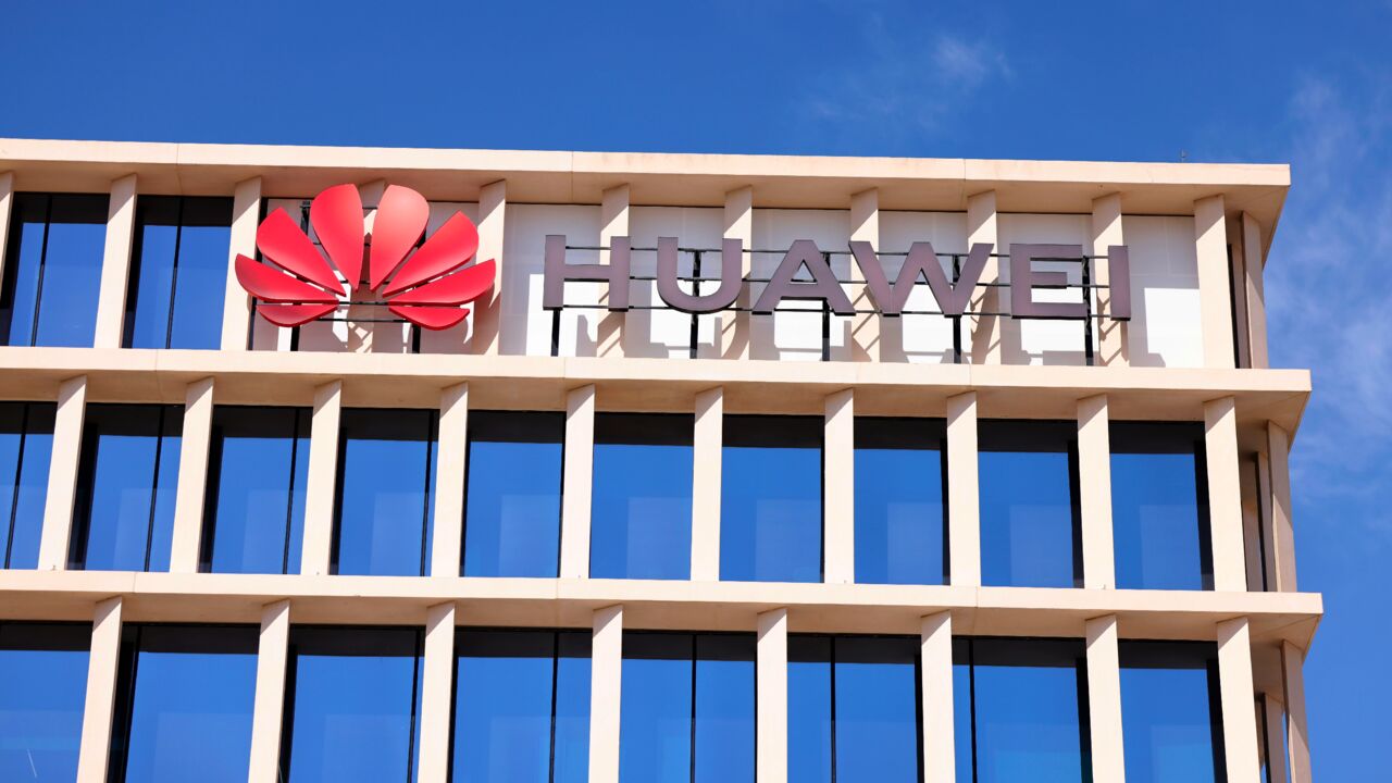 This picture taken on Feb. 22, 2021, shows a close-up view of the Huawei Building in Dubai.