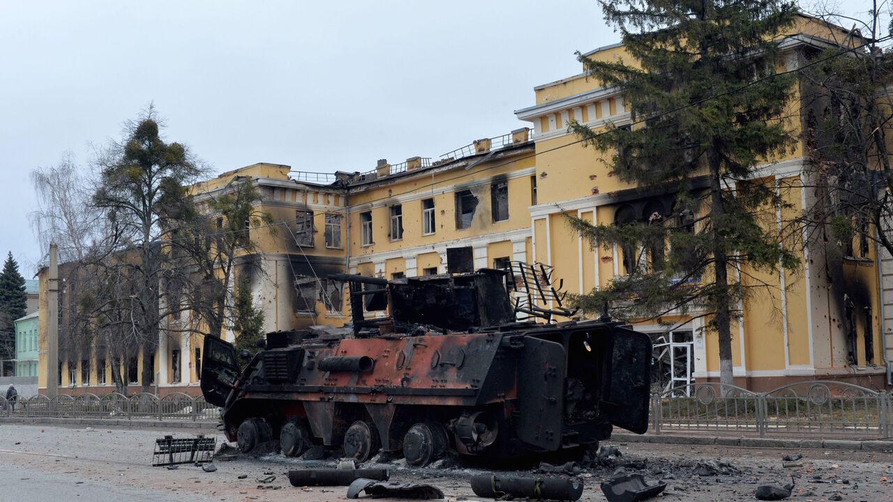 This photograph shows an Ukrainian armoured personnel carrier (APC) BTR-4 destroyed as a result of fight not far from the centre of Ukrainian city of Kharkiv, located some 50 km from Ukrainian-Russian border, on Feb. 28, 2022. 