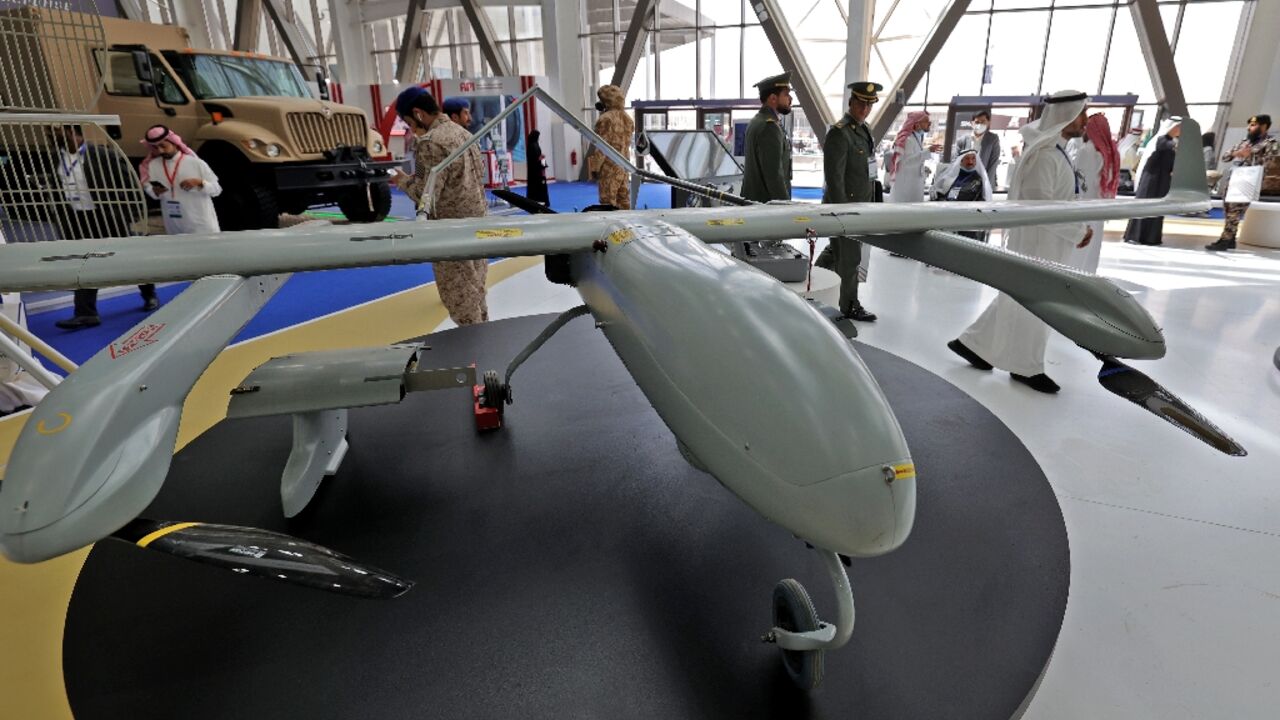 Military drones figure prominently among the exhibits at the World Defense Show in Riyadh