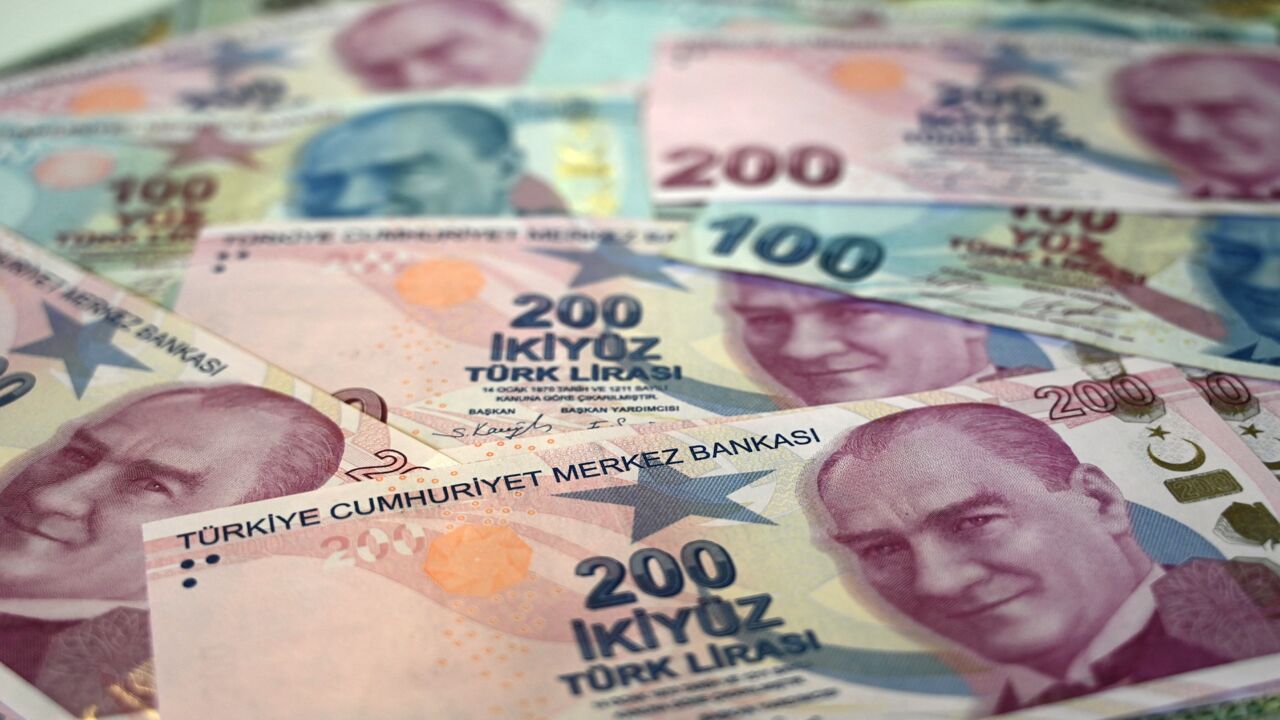 A picture taken on Dec. 7, 2021, in Istanbul shows Turkish liras.