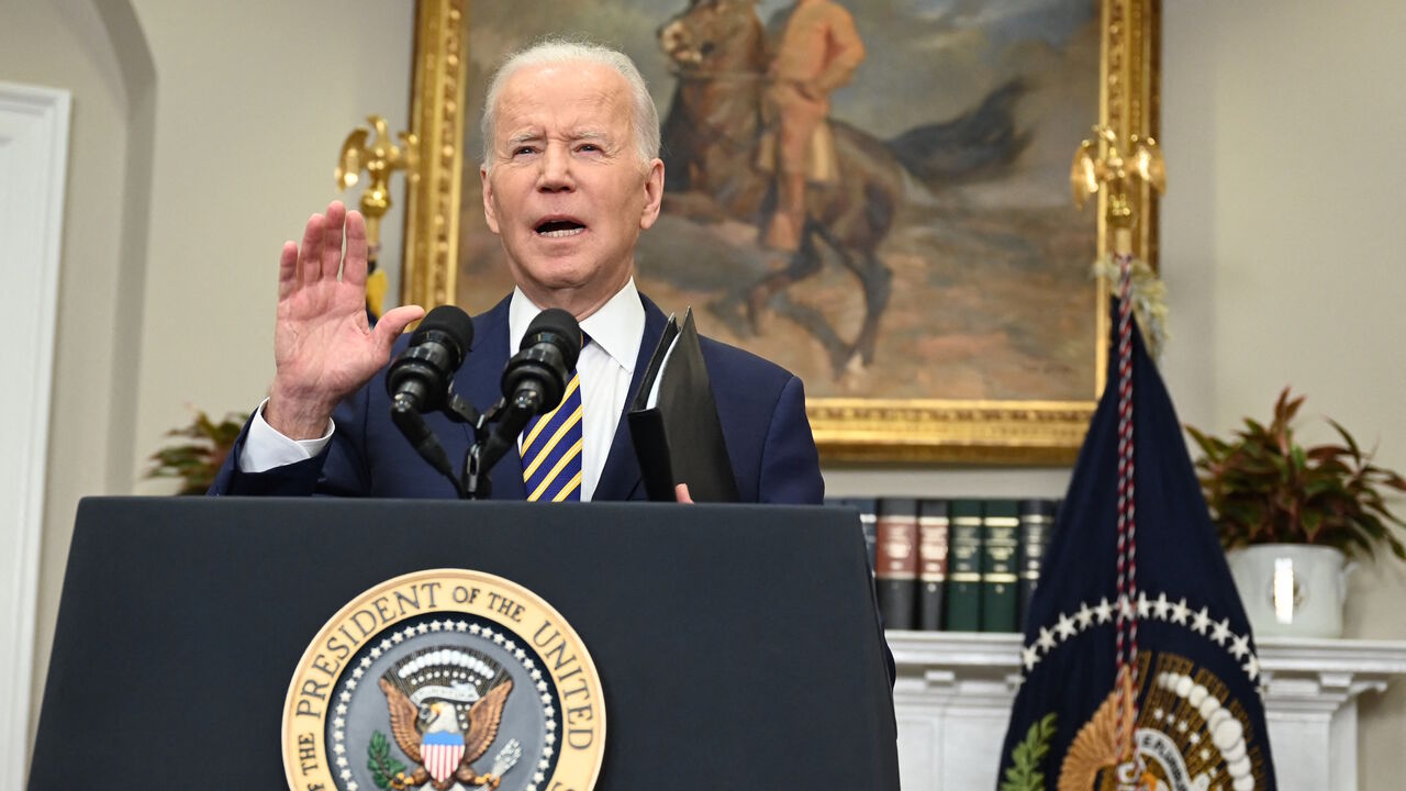 US President Joe Biden announces a ban on US imports of Russian oil and gas, March 8, 2022, from the Roosevelt Room of the White House in Washington, DC. 