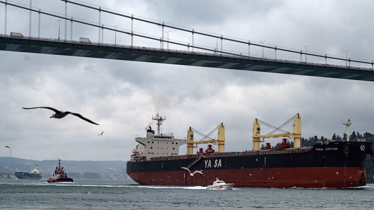 The Marshall Islands-flagged Turkish-owned Yasa Jupiter ship, which was hit by a missile off the coast of Ukraine's port city Odessa, sails on the Bosphorus in Istanbul, Turkey, on Feb. 25, 2022.