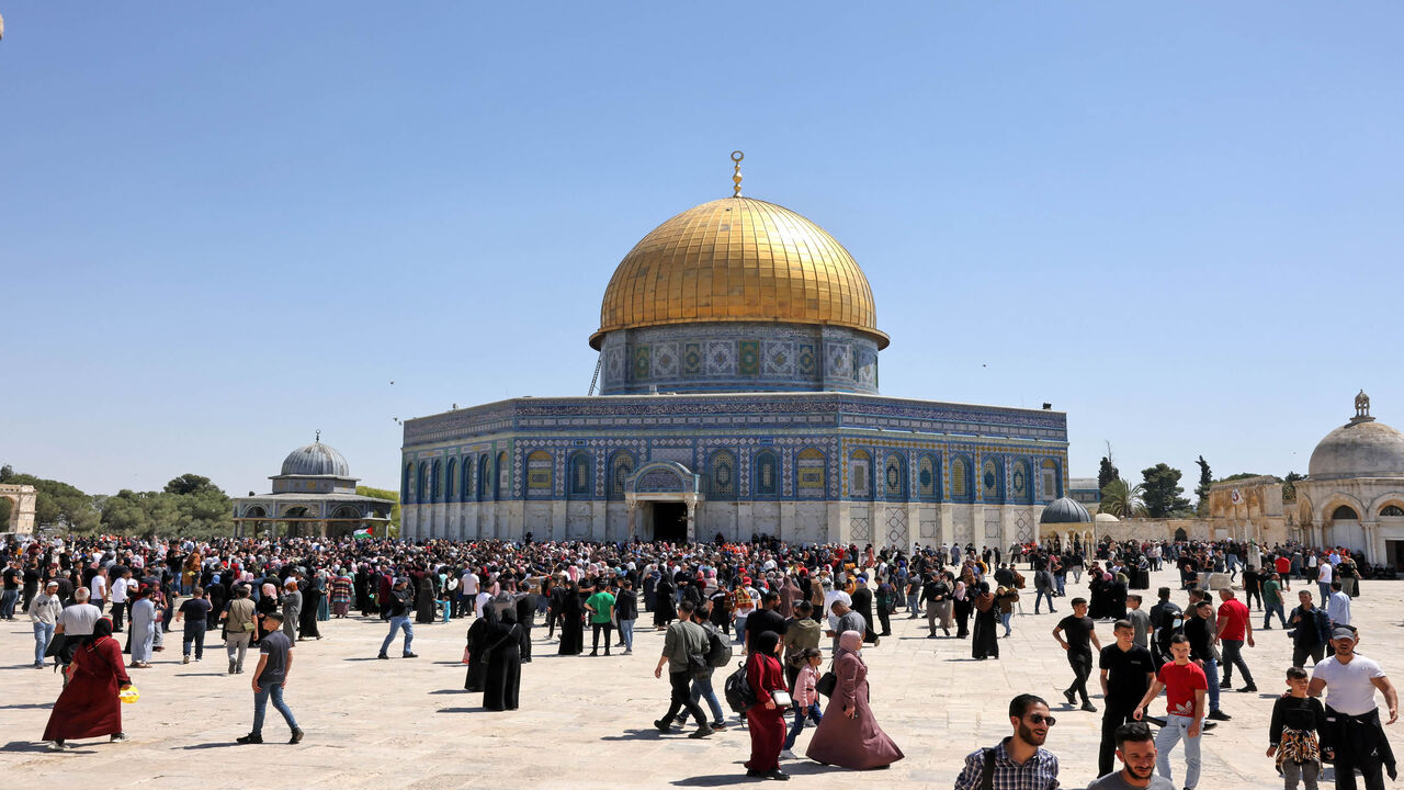 Palestinian Muslims gather at Al-Aqsa Mosque compound following Friday prayers during the holy month of Ramadan, Jerusalem, April 15, 2022.