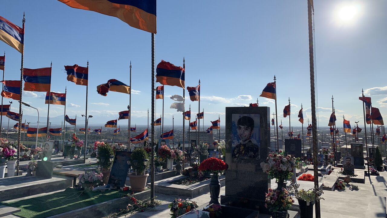 The Yerablur cemetery, where Armenian soldiers from both Karabakh wars are buried, overlooks Yerevan in this photo taken April 12, 2022.