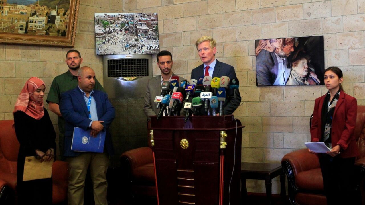 UN special envoy Hans Grundberg gives a press conference at Sanaa's international airport before his departure from the rebel-held Yemeni capital, where he made his first visit