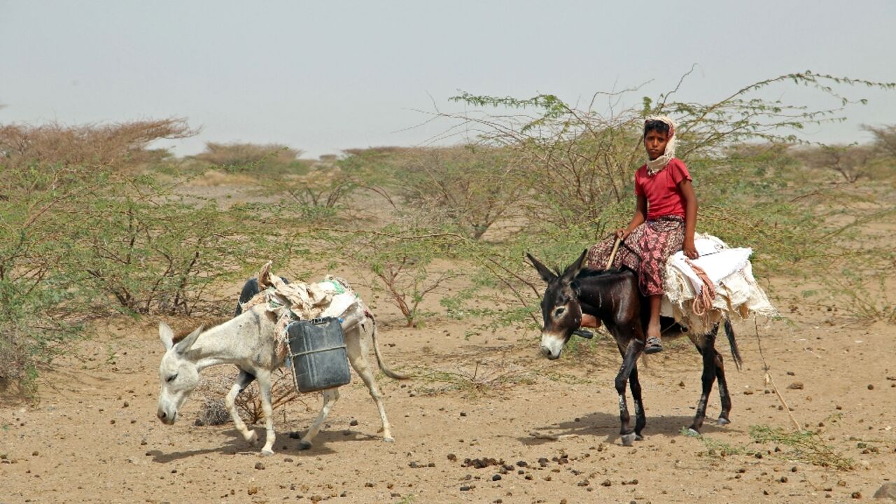 A boy rides a donkey in a makeshift camp for people who fled fighting between Huthi rebels and the Saudi-backed government forces in Yemen on May 17