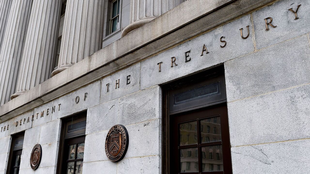 An exterior view of the building of the US Department of the Treasury is seen on March 27, 2020, in Washington, DC. 