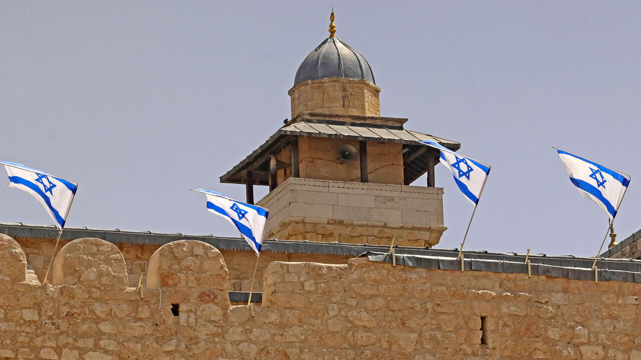 The Ibrahimi Mosque, also known as the Tomb of the Patriarchs, is decorated with Israeli national flags ahead of Israel's 74th Independence Day, Hebron, West Bank, May 3, 2022,