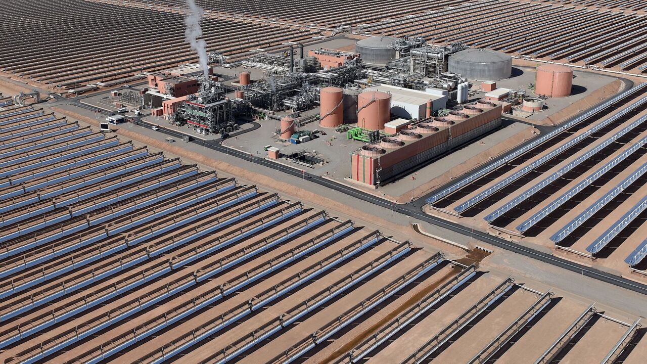 An aerial view of the solar mirrors at the Noor 1 Concentrated Solar Power (CSP) plant, some 20 kilometers (12.5 miles) outside the central Moroccan town of Ouarzazate.