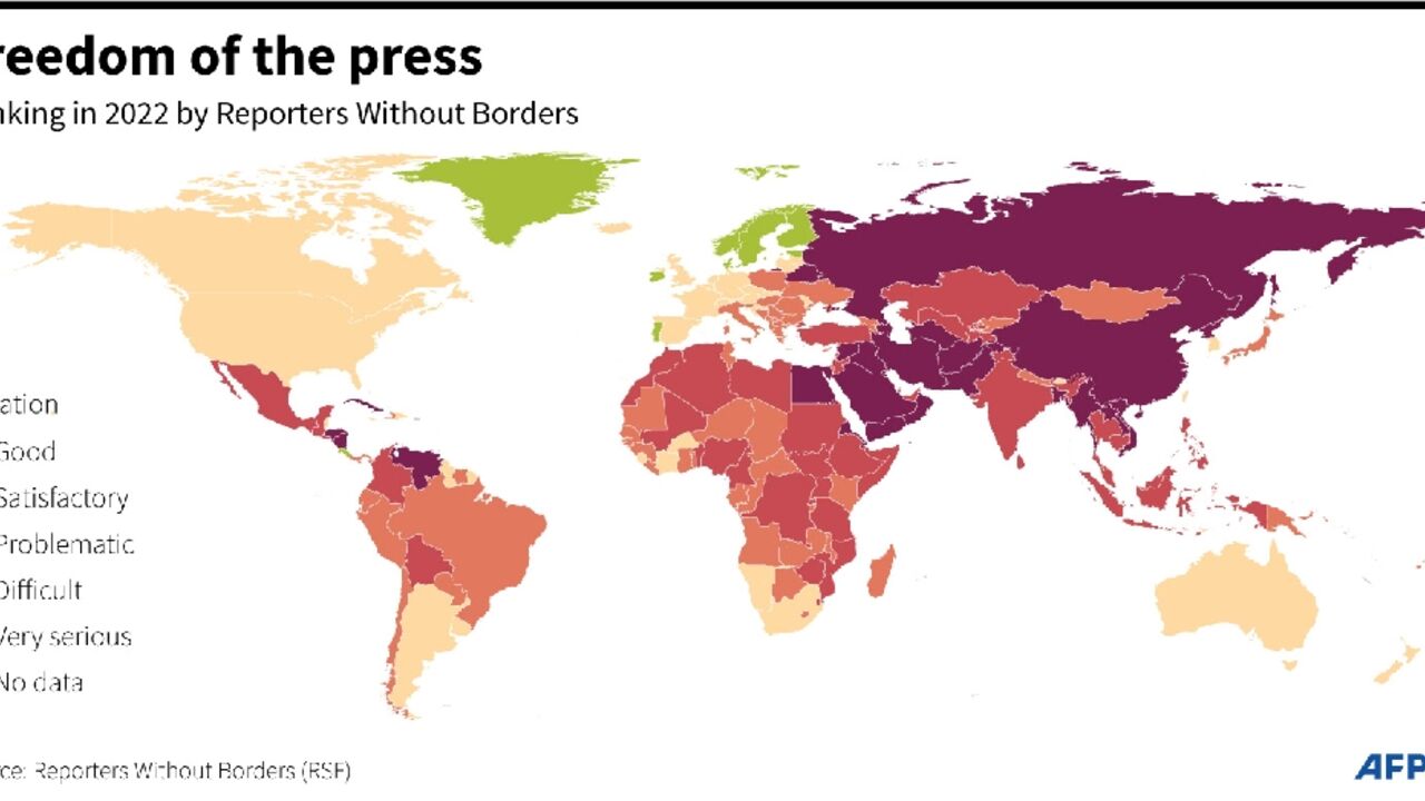 World map showing the different states of press freedom by countries and territories, compiled by Reporters Without Borders