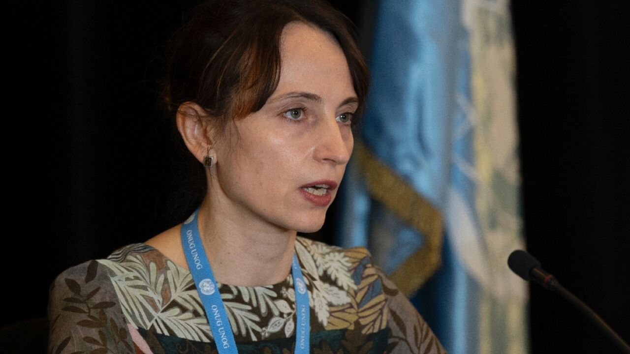 UN special rapporteur Alena Douhan speaks during a press conference in Caracas, Venezuela on February 12, 2021