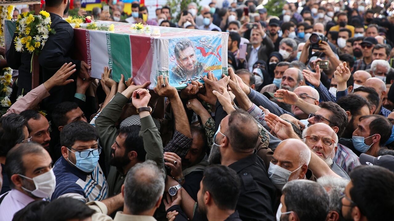 Mourners at the funeral of Quds Force Col. Hassan Sayyad Khodaee in Tehran, May 24, 2022.