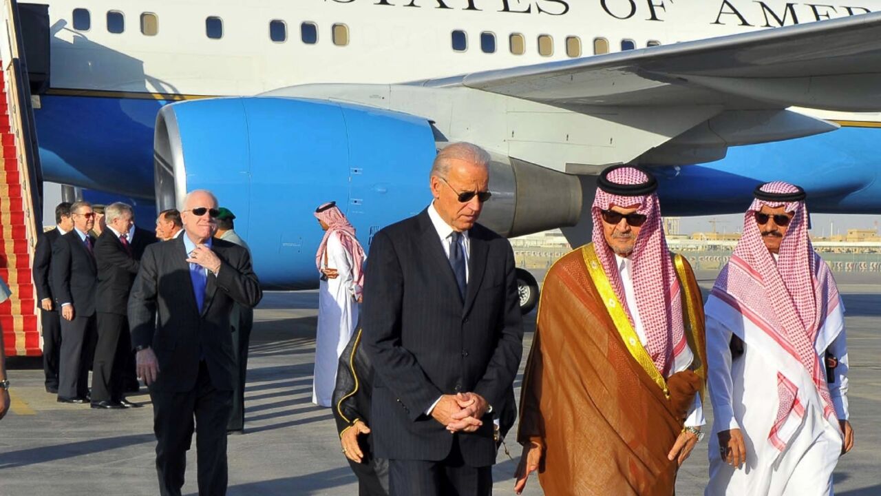 Joe Biden, then US vice president, is welcomed by Saudi Arabia's then foreign minister Prince Saud al-Faisal on arrival in Riyadh in October 2011
