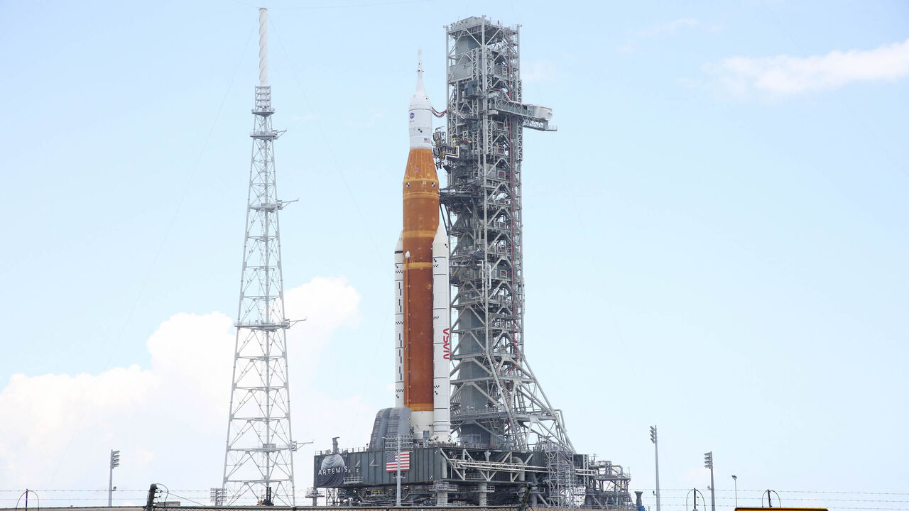 A view of the massive Artemis I Space Launch System rocket and Orion spacecraft at Launch Pad 39B after rolling out from the Vehicle Assembly Building for a second time at the Kennedy Space Center in Florida, United States, June 6, 2022.