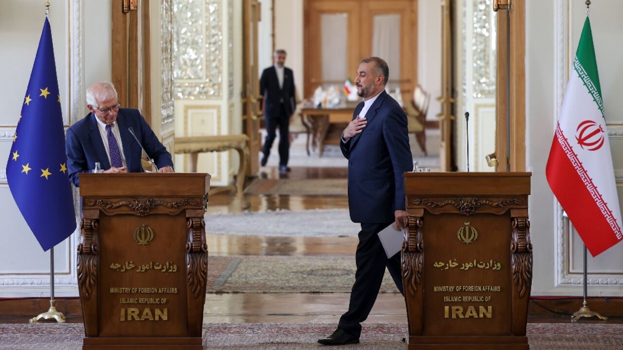 Iran's Foreign Minister Hossein Amir-Abdollahian (right) attends a press conference with EU foreign policy chief Josep Borell in Tehran on June 25, 2022