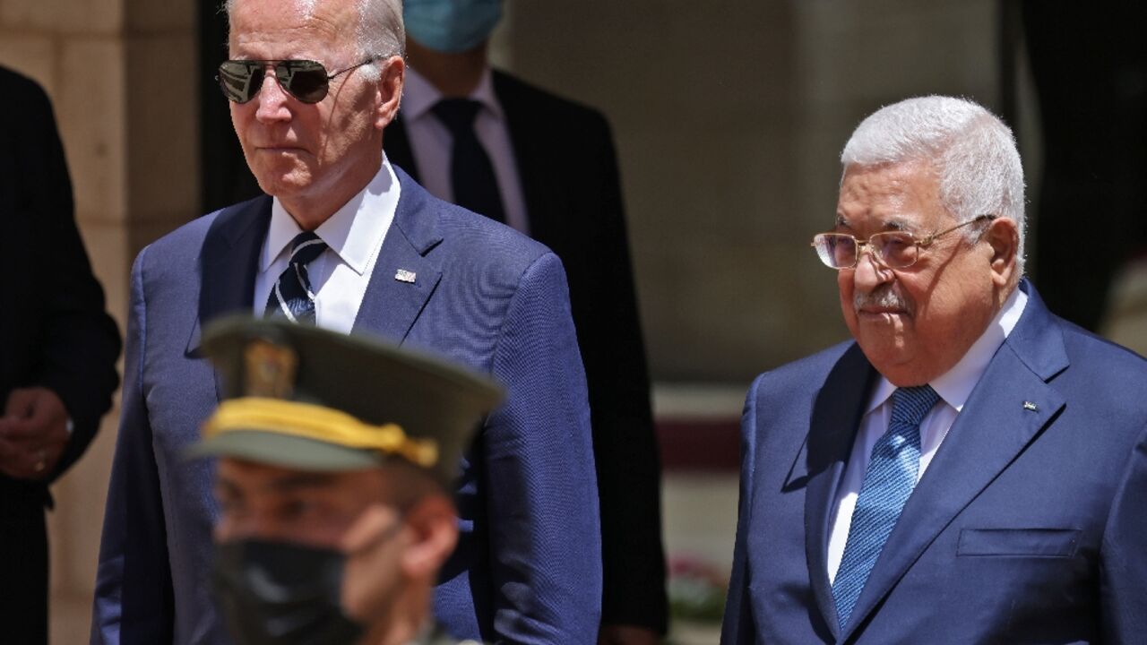 US President Joe Biden is received by Palestinian President Mahmud Abbas in Bethlehem