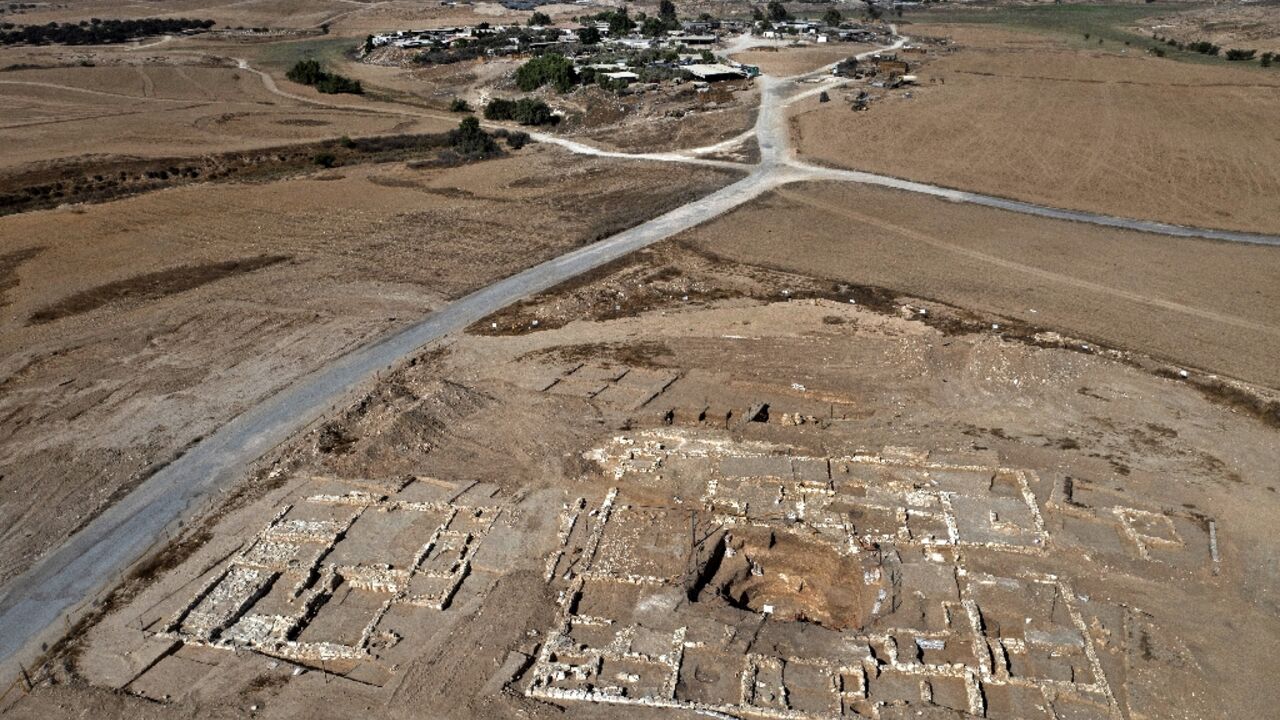 An aerial view shows a recently uncovered mansion dating back to the early Islamic period between the eighth and ninth centuries, in the Bedouin town of Rahat in Israel's southern Negev desert
