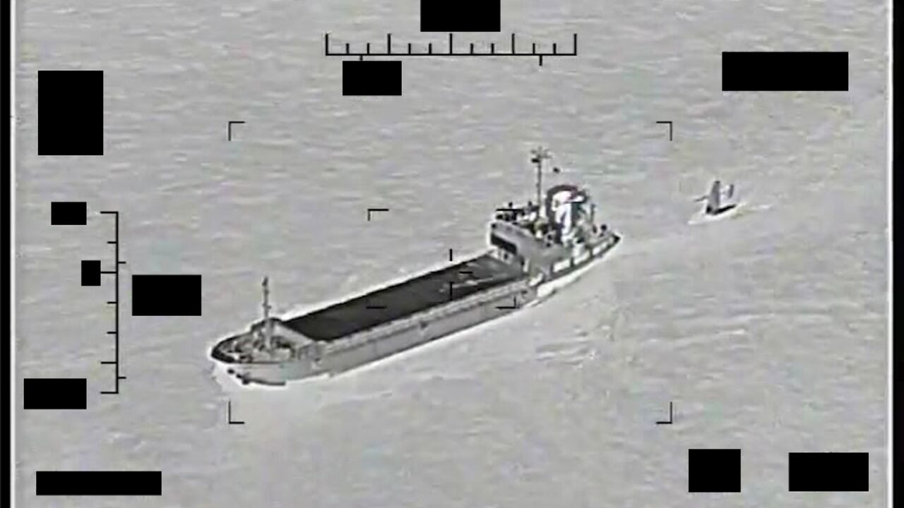 A US Navy image shows an Iranian Islamic Revolutionary Guard Corps Navy support ship "Shahid Baziar" towing a US Navy Saildrone Explorer unmanned surface vessel in international waters in the Gulf.