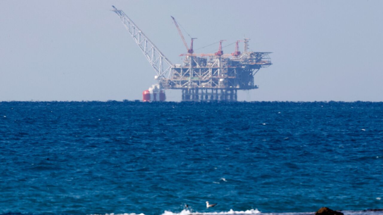 A view of the platform of the Leviathan natural gas field in the Mediterranean Sea is pictured from the Israeli northern coastal city of Caesarea on January 25, 2022. (Photo by JACK GUEZ / AFP) (Photo by JACK GUEZ/AFP via Getty Images)