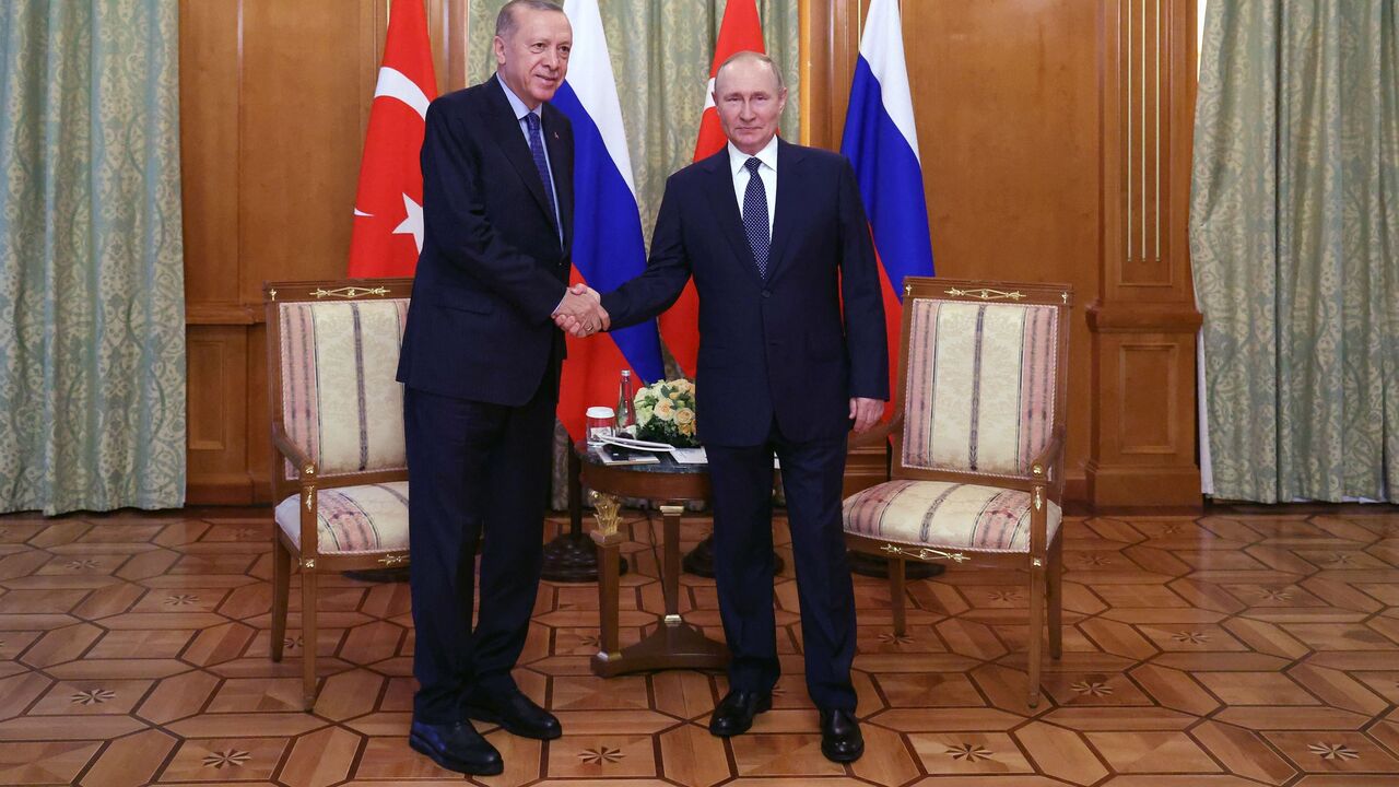 Russian President Vladimir Putin (R) shakes hands with Turkish President Recep Tayyip Erdogan (L) during a meeting in Sochi, on Aug. 5, 2022.