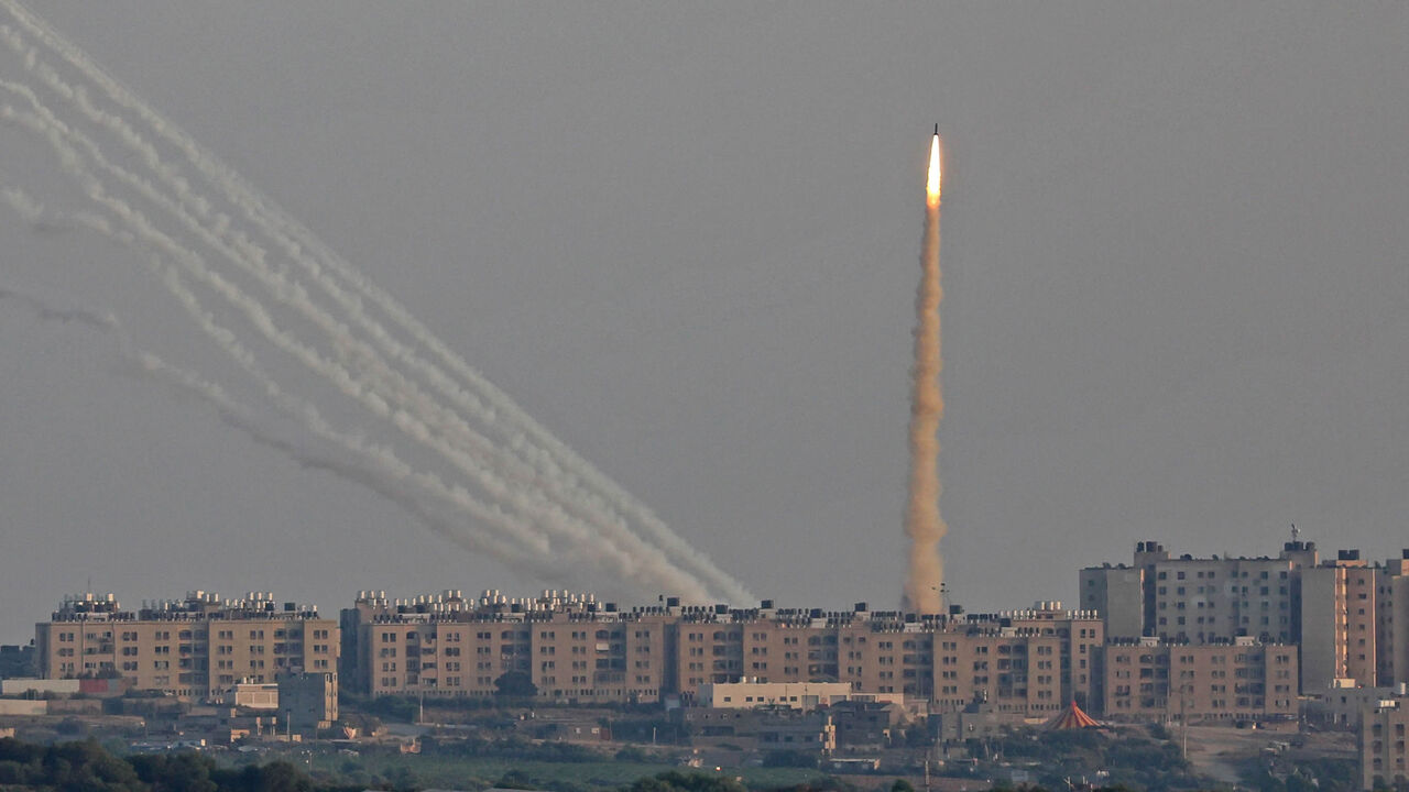 This picture taken from the southern Israeli city of Ashkelon shows Palestinian rockets fired from the Gaza Strip, Aug. 7, 2022.