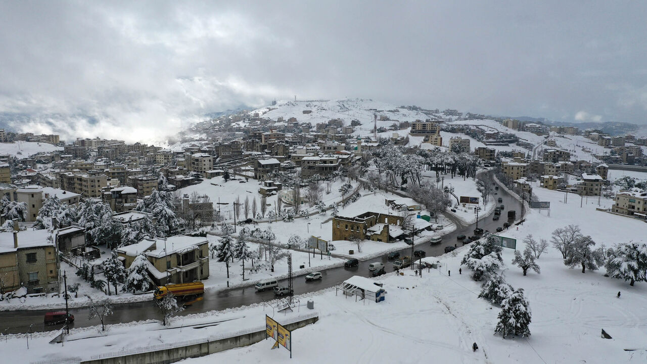 Snow blankets the area of Mdeirej, in the mountains east of Beirut, Lebanon, Feb. 18, 2021.