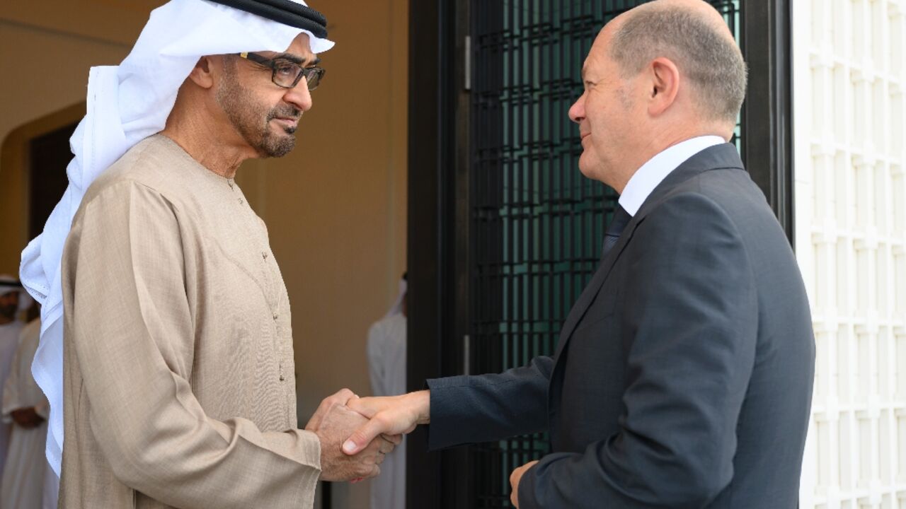 UAE President Sheikh Mohamed bin Zayed al-Nahyan received German Chancellor Olaf Scholz in Abu Dhabi, a stop on a Gulf tour that saw him travel to Saudi Arabia and Qatar to secure new energy sources