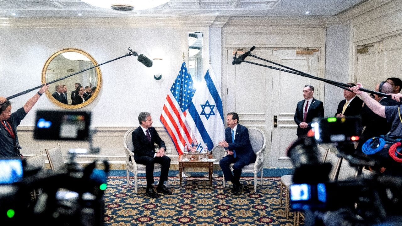 US Secretary of State Antony Blinken (left) meets Israeli President Isaac Herzog in Washington