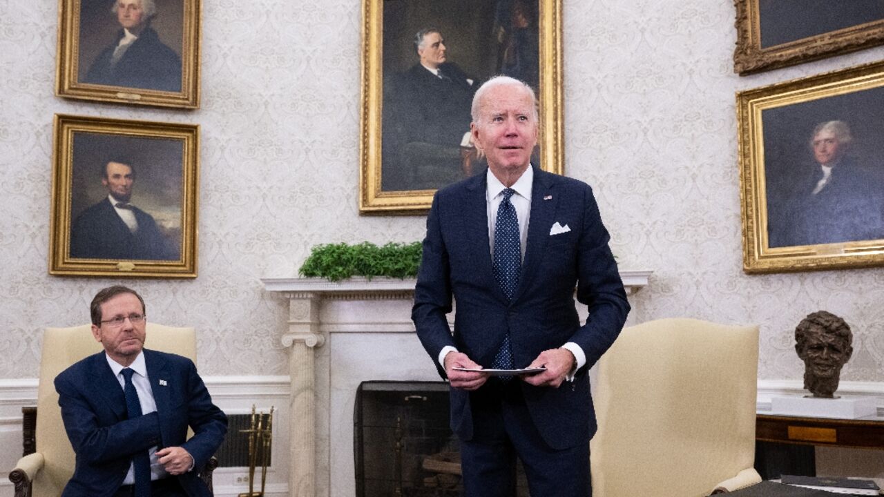 US President Joe Biden meets with Israeli President Isaac Herzog in the Oval Office of the White House