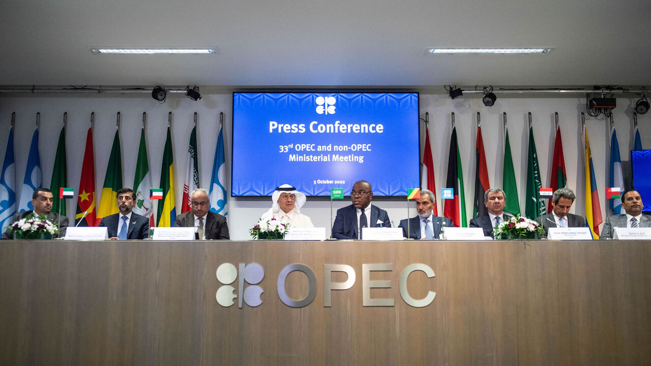 Representatives of OPEC member countries attend a press conference after the 45th Joint Ministerial Monitoring Committee and the 33rd OPEC and non-OPEC Ministerial Meeting, Vienna, Austria, Oct. 5, 2022.