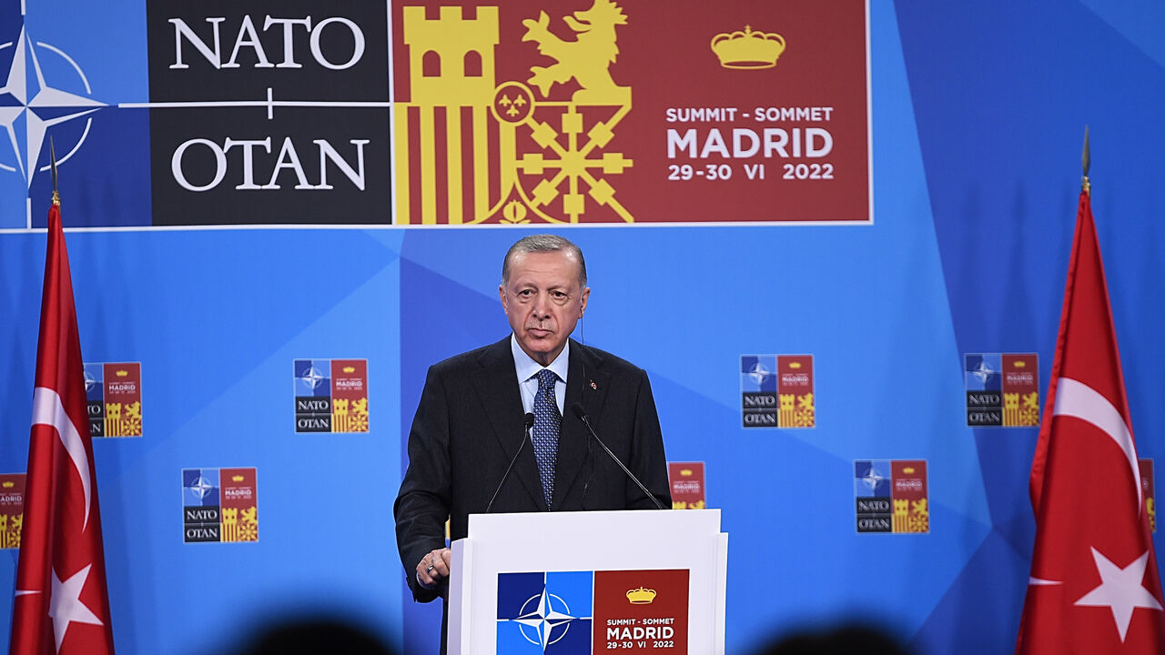 Recep Tayyip Erdogan holds a press conference at the NATO Summit on June 30, 2022, in Madrid, Spain.