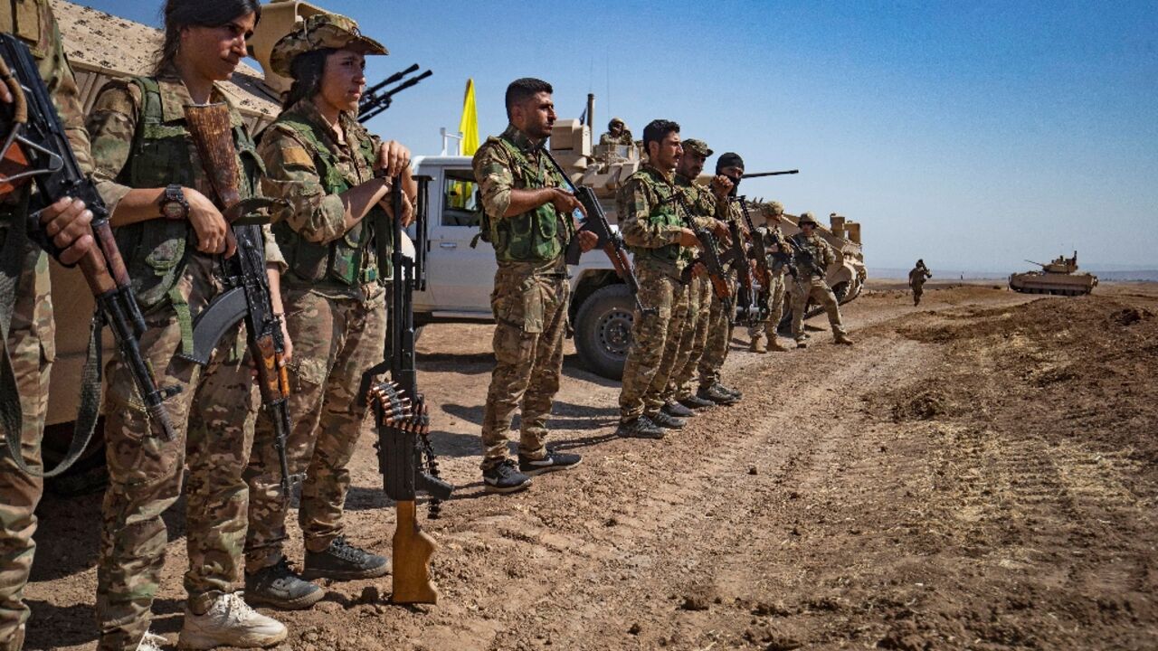 Syrian Democratic Forces fighters at a joint exercise with the US-led coalition against the Islamic State group in northeastern Hasakah province on September 7, 2022