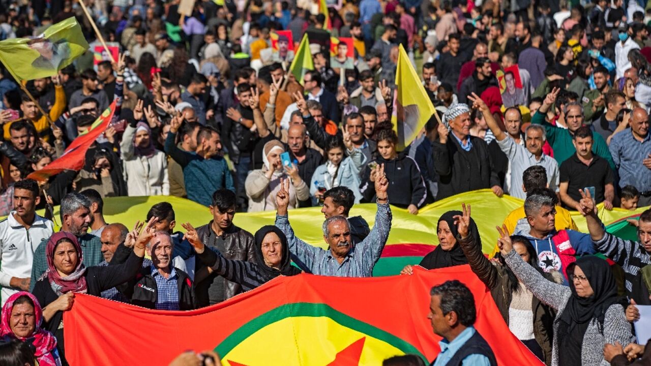 Syrian Kurds protest against Turkey and in solidarity with the Kurdistan Workers' Party (PKK), in the Kurdish-held city of Qamishli, on November 13, 2022