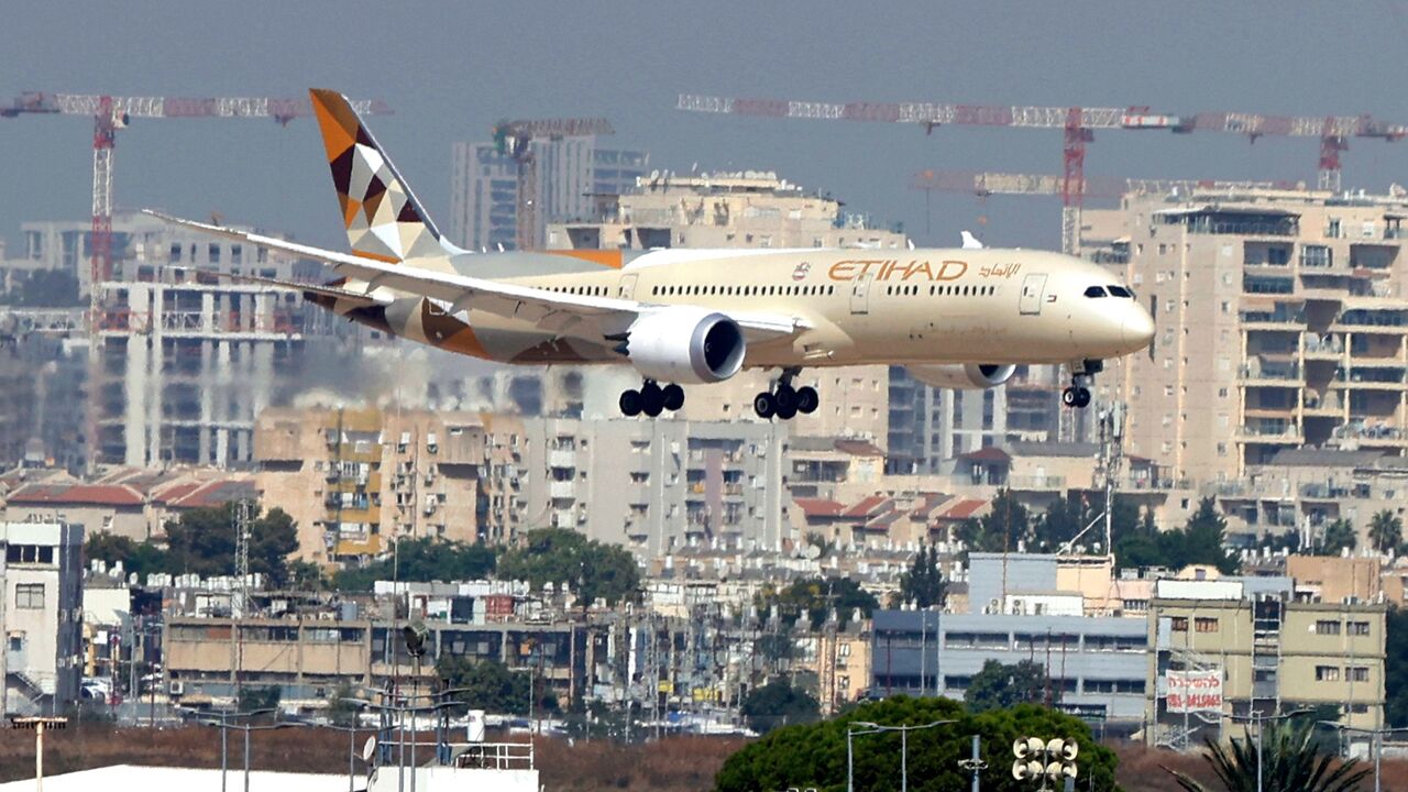 An Etihad Airways Boeing 787-9 "Dreamliner" aircraft lands at Israel's Ben Gurion Airport near Tel Aviv, on Oct. 20, 2020.