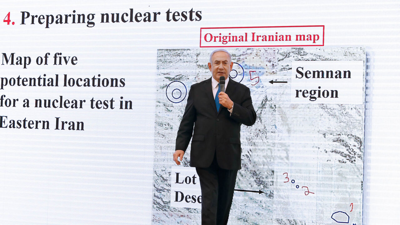 Israeli Prime Minister Benjamin Netanyahu delivers a speech on Iran's nuclear program at the Defense Ministry, Tel Aviv, Israel, April 30, 2018.
