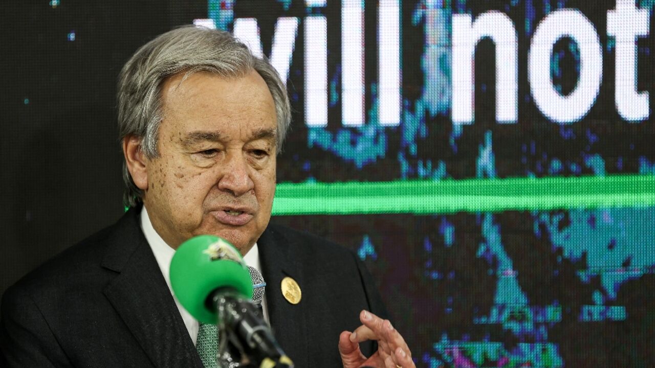United Nations Secretary General Antonio Guterres speaks during a joint press conference with Pakistan's Prime Minister at the Pakistani pavilion at the COP27 climate conference in Sharm el-Sheikh