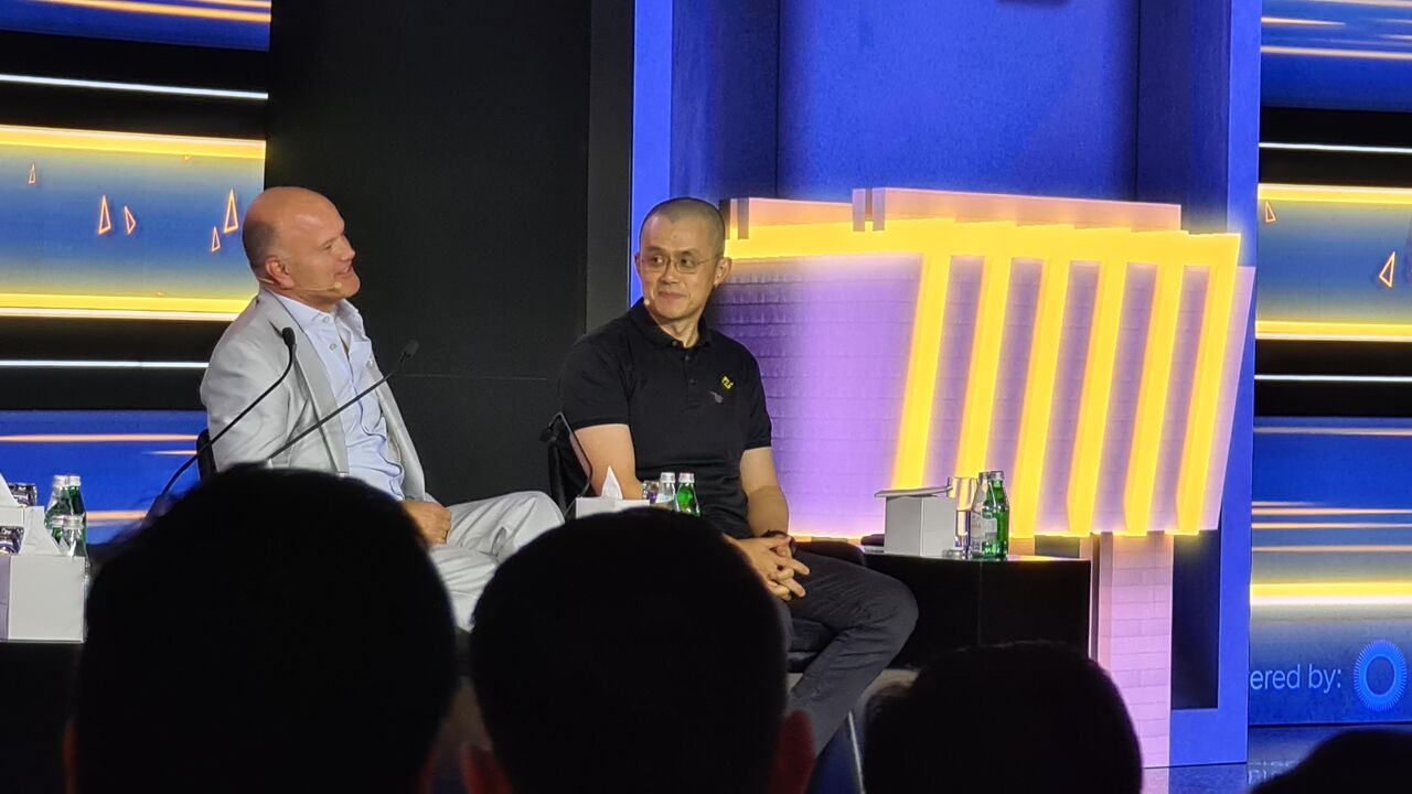 Binance CEO Changpeng Zhao sits on the main stage at Abu Dhabi Finance Week (ADFW) in an interview with Mike Novogratz, the CEO of Galaxy Digital Holdings.