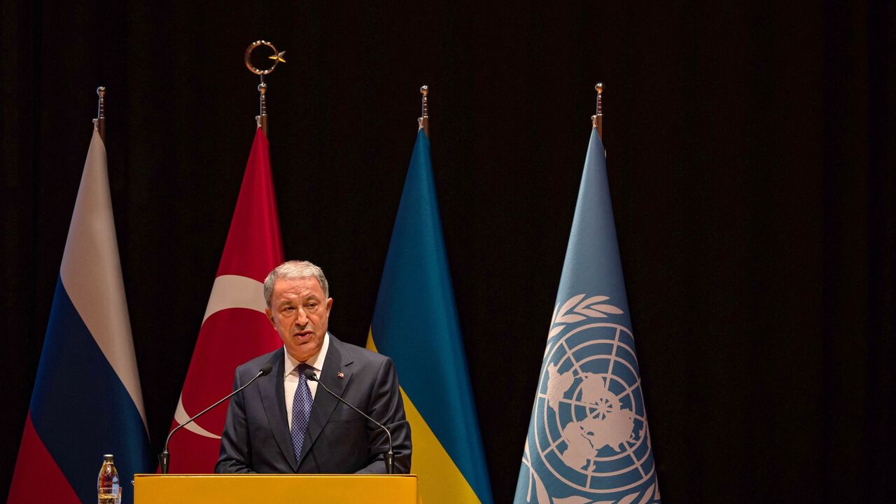Turkish National Defense Minister Hulusi Akar holds a joint press conference with the UN Secretary-General at the Joint Coordination Center established in Istanbul for the safe shipment of grain products from the Black Sea region in Istanbul on Aug. 20, 2022. 