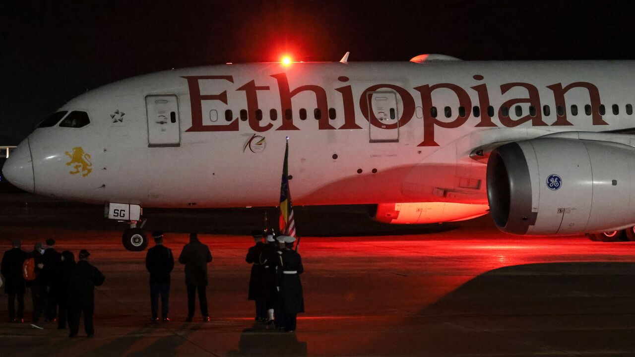 The delegation from Ethiopia arrives at Joint Base Andrews in Maryland on December 11, 2022, to attend the US-Africa Leaders Summit. - The summit will take place in Washington, DC, December 13-15. (Photo by OLIVER CONTRERAS/AFP via Getty Images)