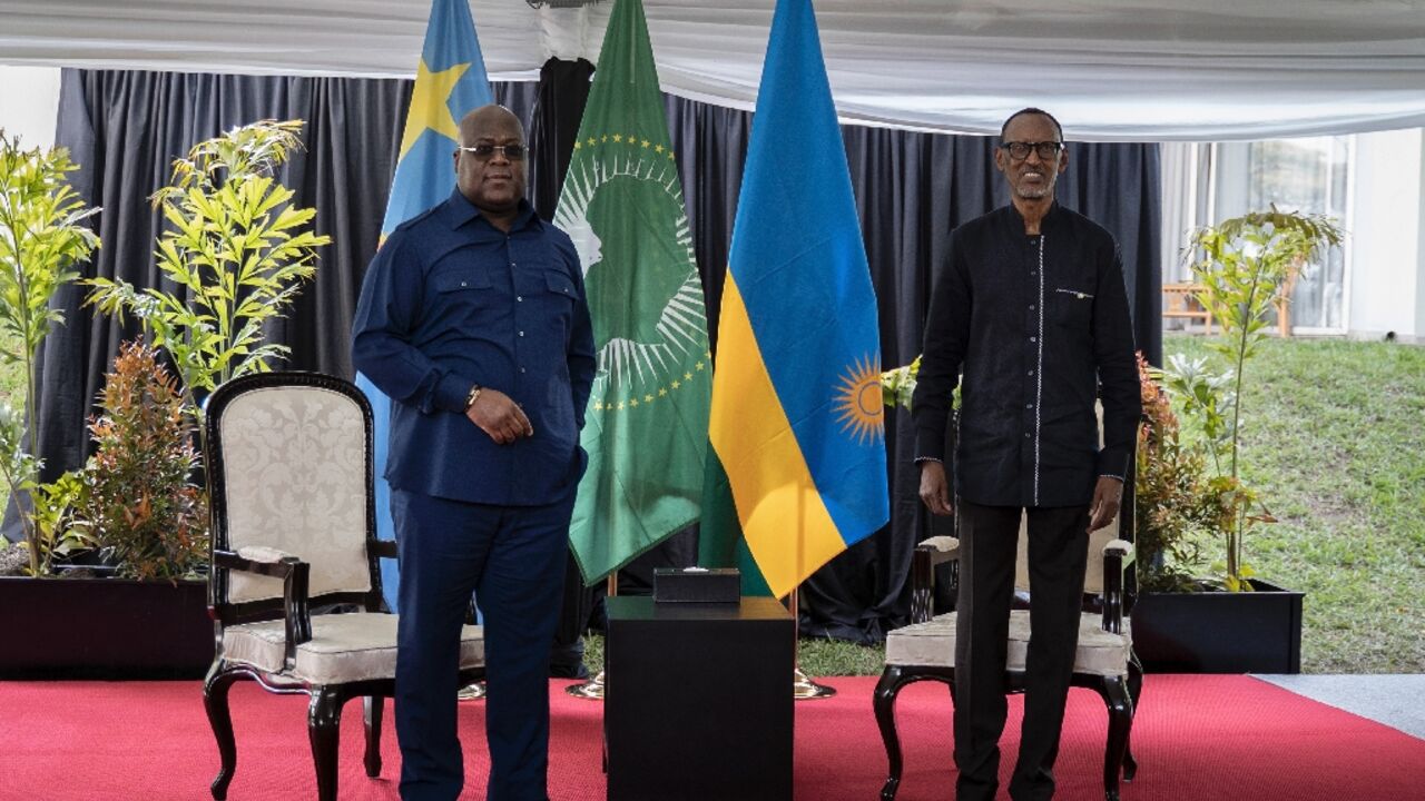 Tshisekedi, left, and Kagame pictured at talks in Rubavu, Rwanda, in June 2021