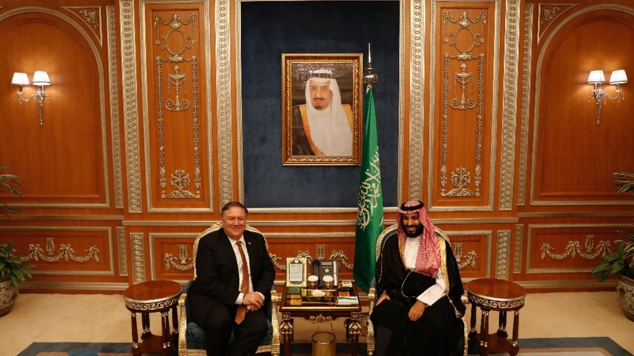 Then US secretary of state Mike Pompeo meets with Saudi Crown Prince Mohammed bin Salman in Riyadh on October 16, 2018, days after the killing of Saudi dissident writer Jamal Khashoggi