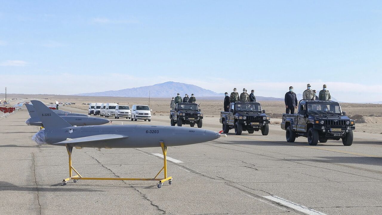 Unmanned aerial vehicles (UAV) drill held by the Iranian army in Semnan, Iran, on Jan. 5, 2021. 