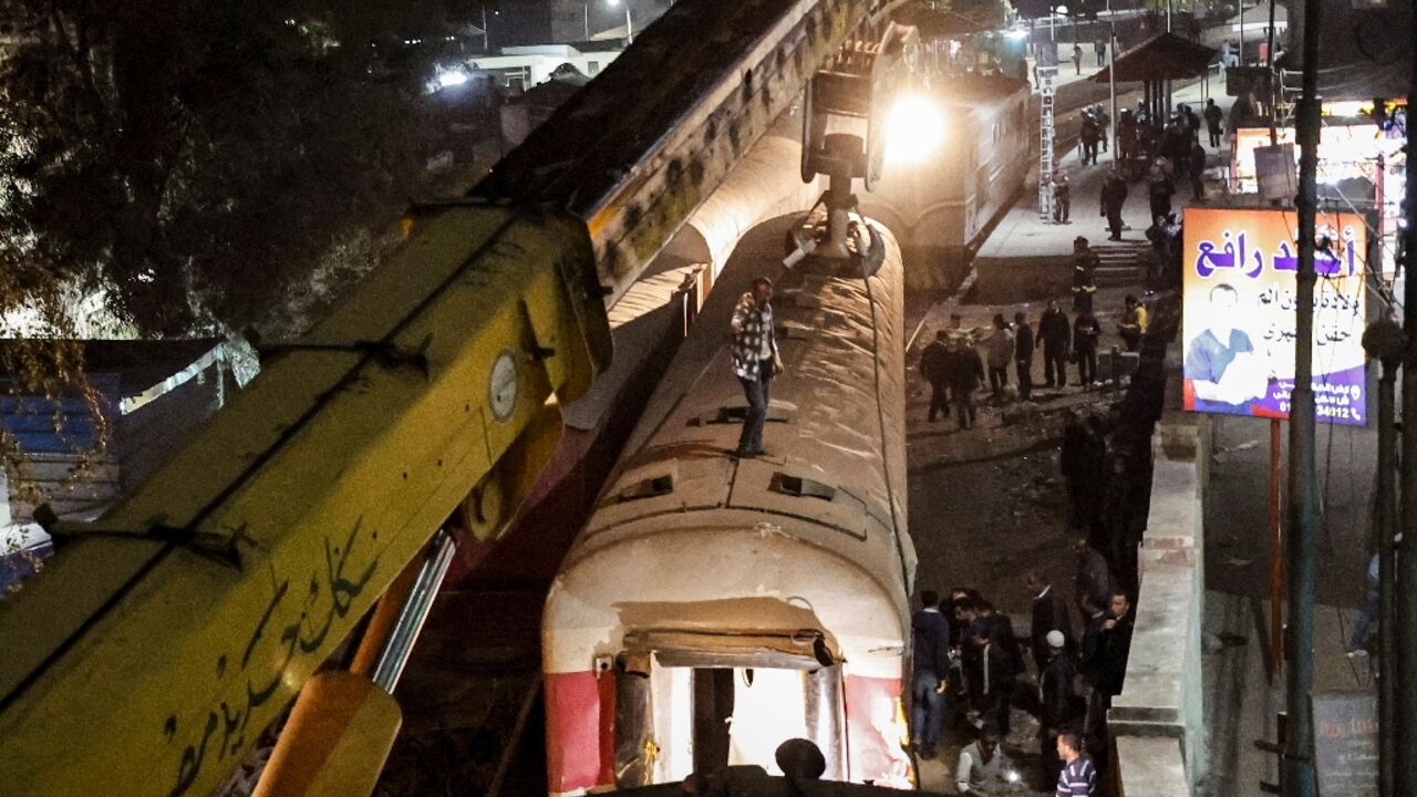The scene of a rail accident in the city of Qalyub in Egypt's Nile delta region north of the capital on March 7, 2023
