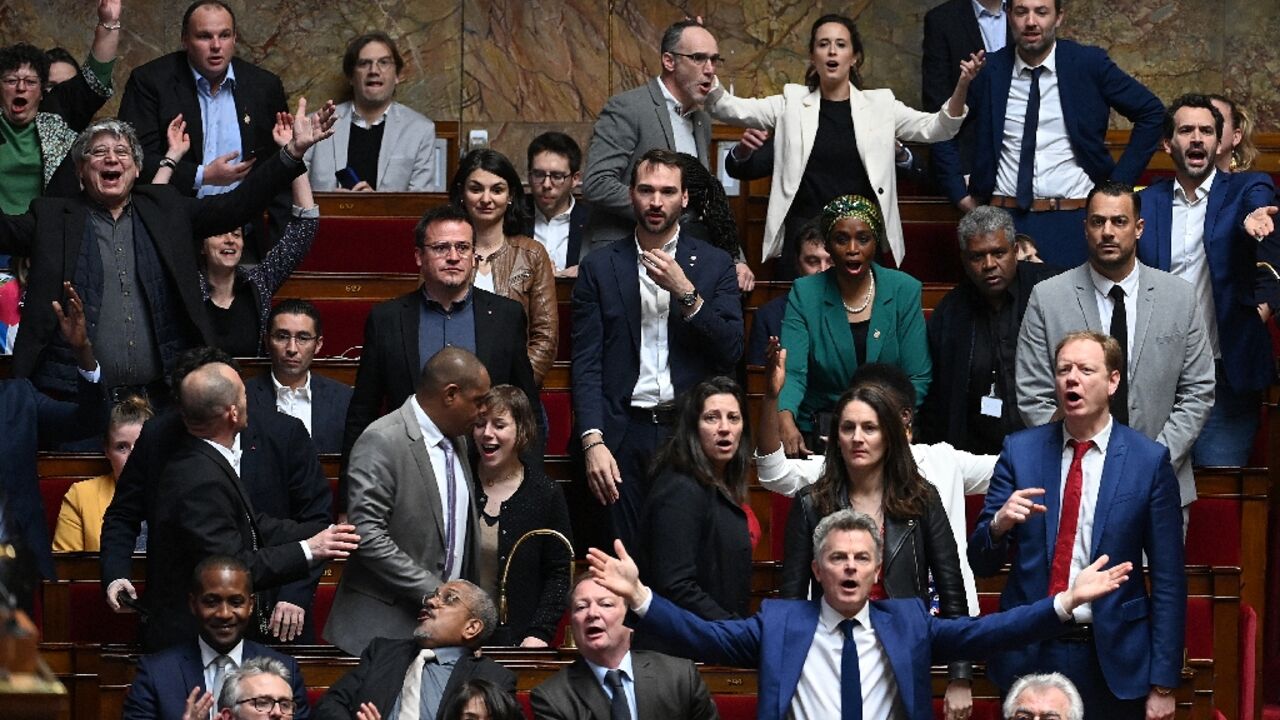 French left-wing lawmakers react to Prime Minister Elisabeth Borne invoking the 49.3