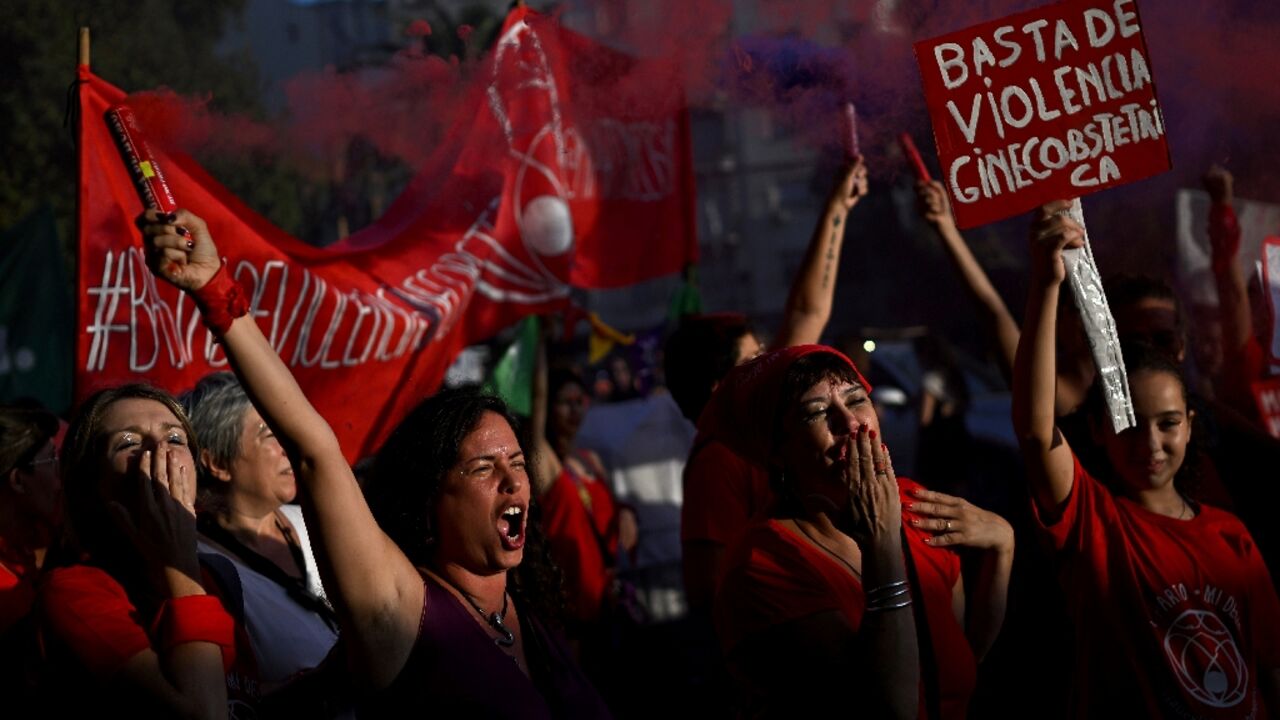 Demonstrators march in support of women's rights on International Women's Day in Buenos Aires on March 8, 2023