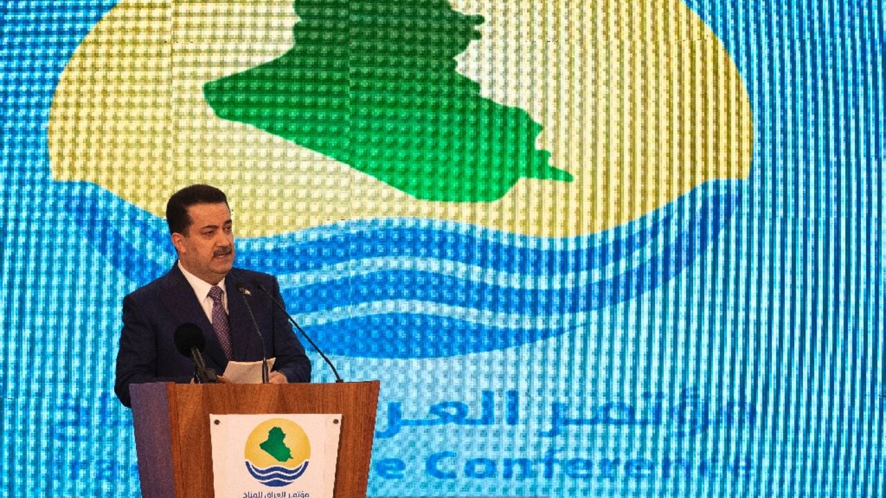 Iraq's Prime Minister Mohammed Shia al-Sudani delivers a speech during the Iraq Climate Conference in Basra on March 12, 2023