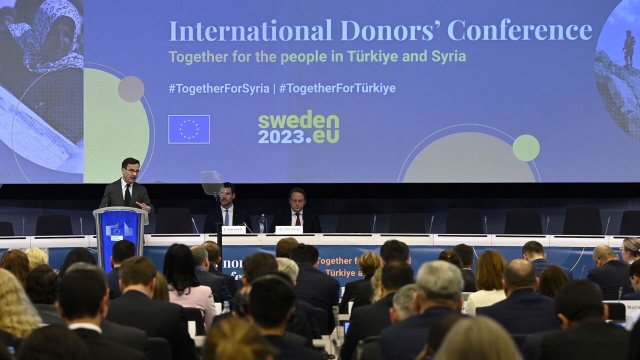Sweden's Prime Minister Ulf Kristersson speaks during an International Donors Conference for Turkey and Syria.